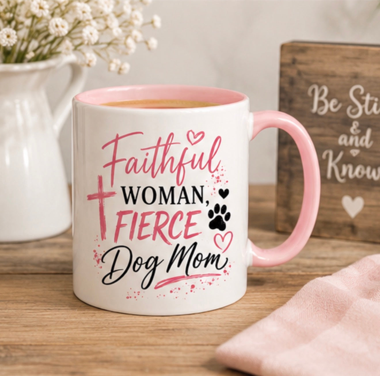Faithful Woman, Fierce Dog Mom Mug – Christian Dog Mom Coffee Cup