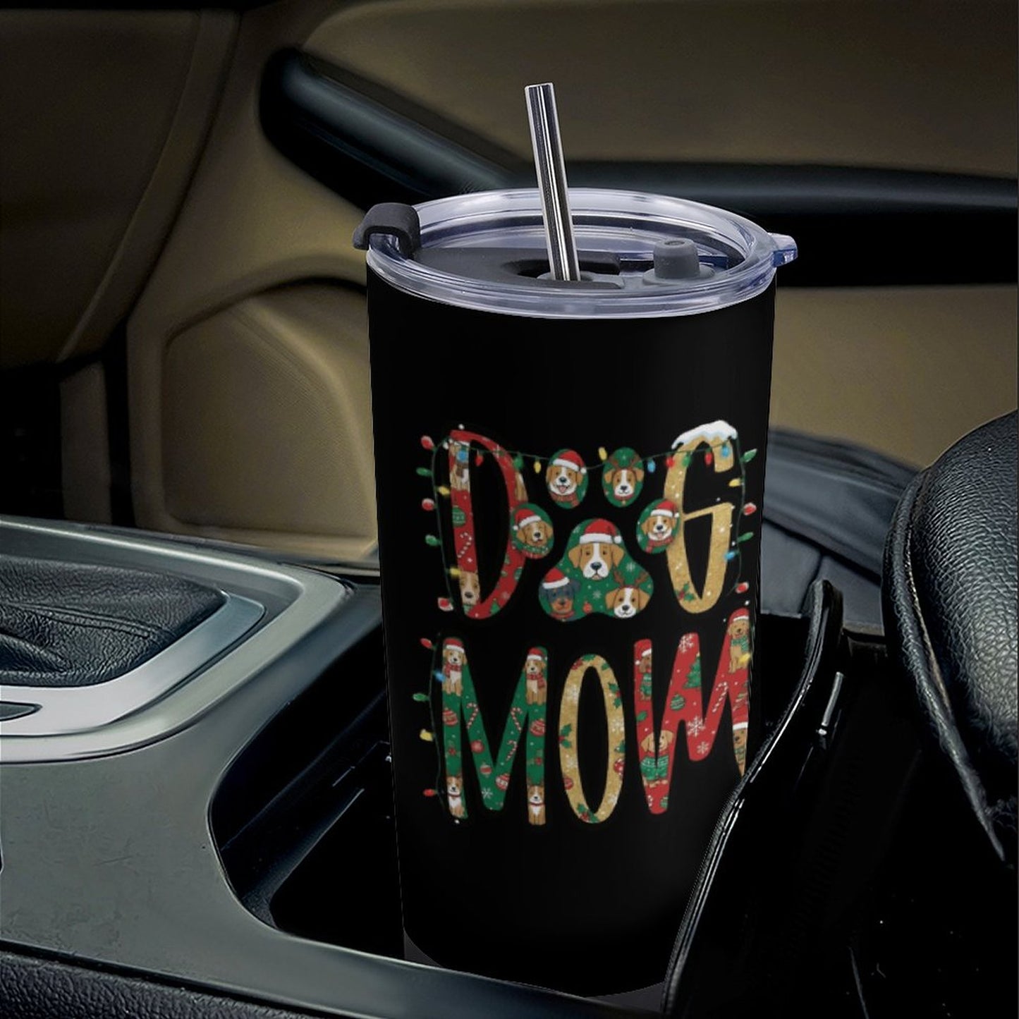 Dog Mom Tumbler-Cute Dog Lover Travel Cup 20oz Stainless Steel, Christmas Pet Mom Gift, Insulated Cup with Straw.