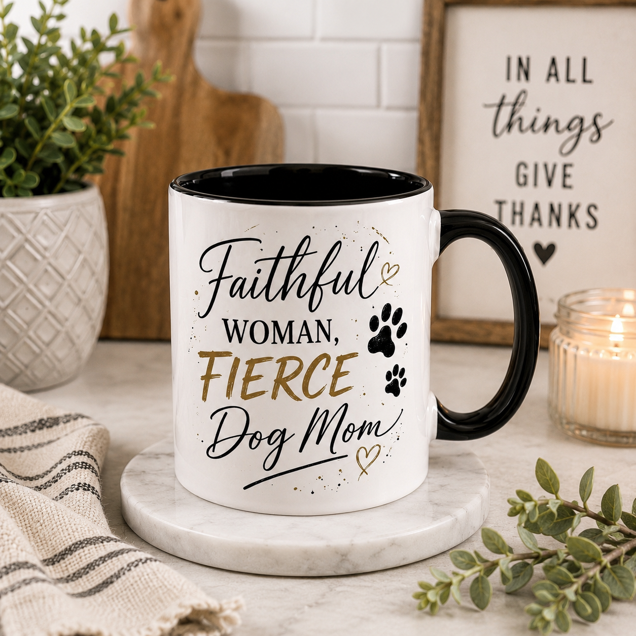 Faithful Woman, Fierce Dog Mom Mug – Christian Dog Mom Coffee Cup