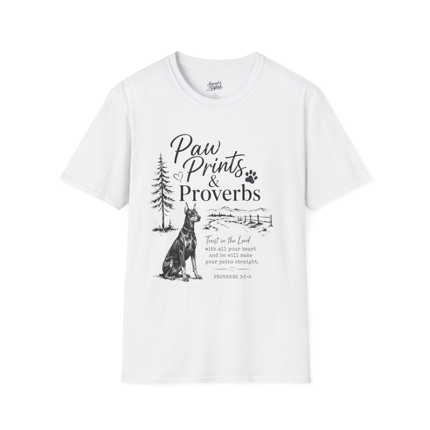Paw Prints & Proverbs Doberman Pinsher Tee – Christian Dog Mom Shirt