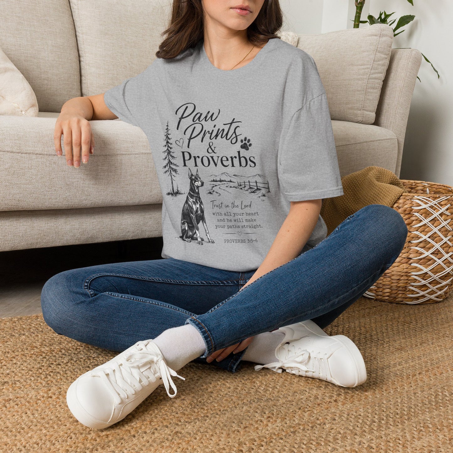 Paw Prints & Proverbs Doberman Pinsher Tee – Christian Dog Mom Shirt