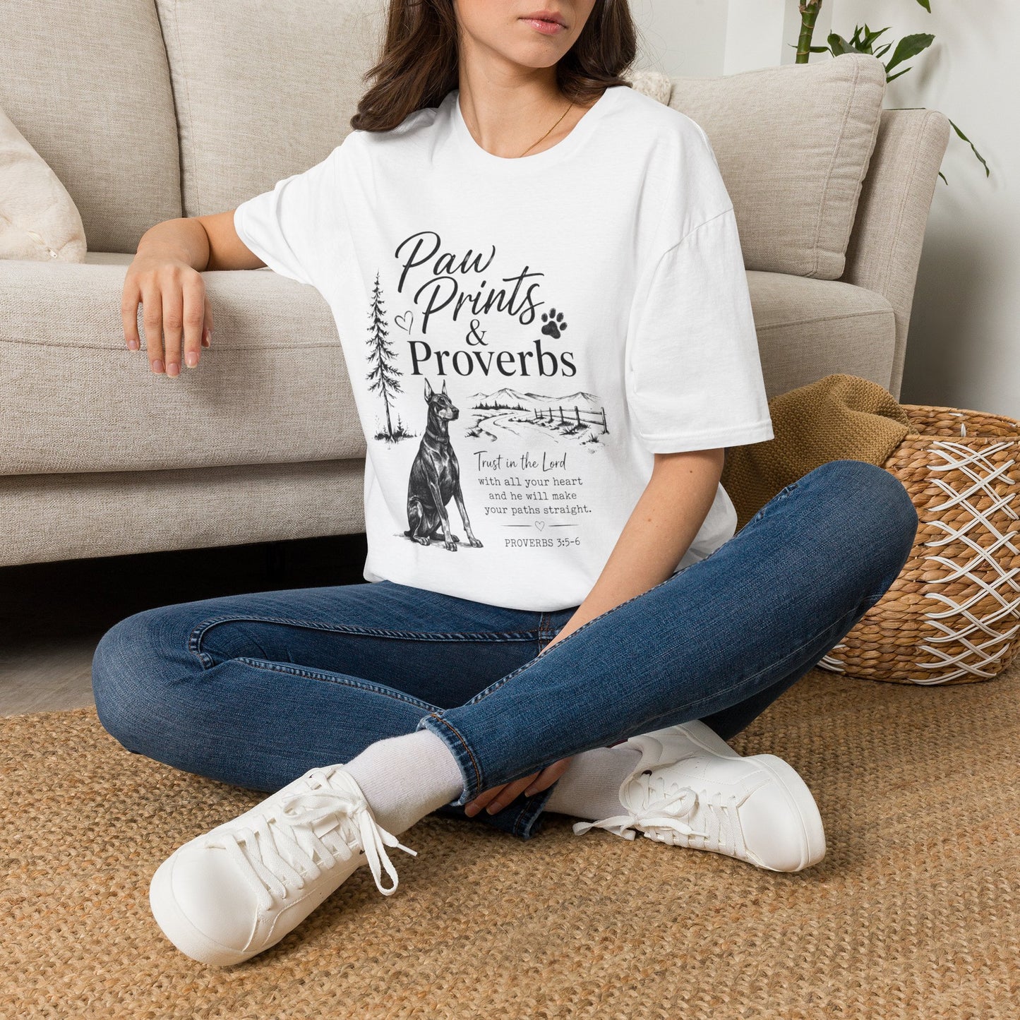 Paw Prints & Proverbs Doberman Pinsher Tee – Christian Dog Mom Shirt