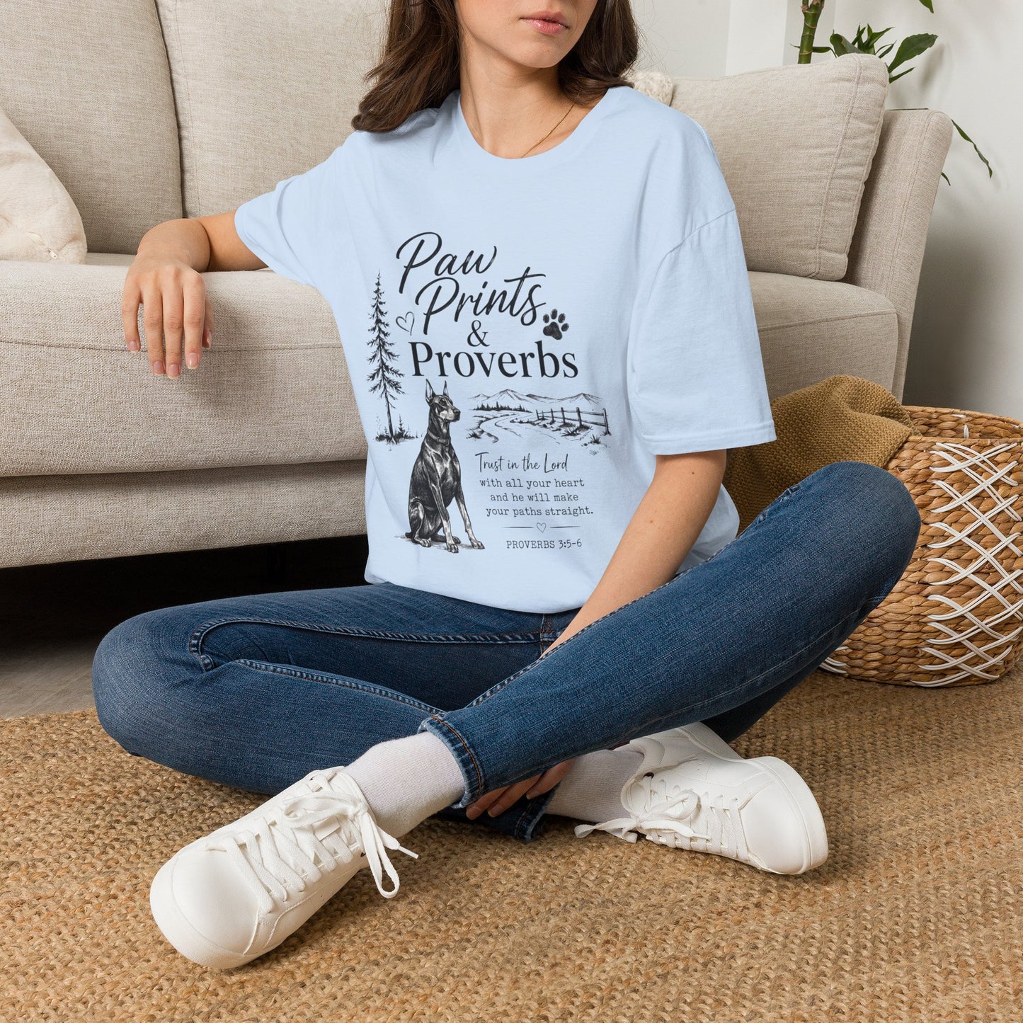Paw Prints & Proverbs Doberman Pinsher Tee – Christian Dog Mom Shirt