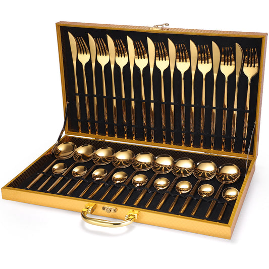 Luxury 36- Piece Stainless Steel Tableware Set in Wooden Gift Box