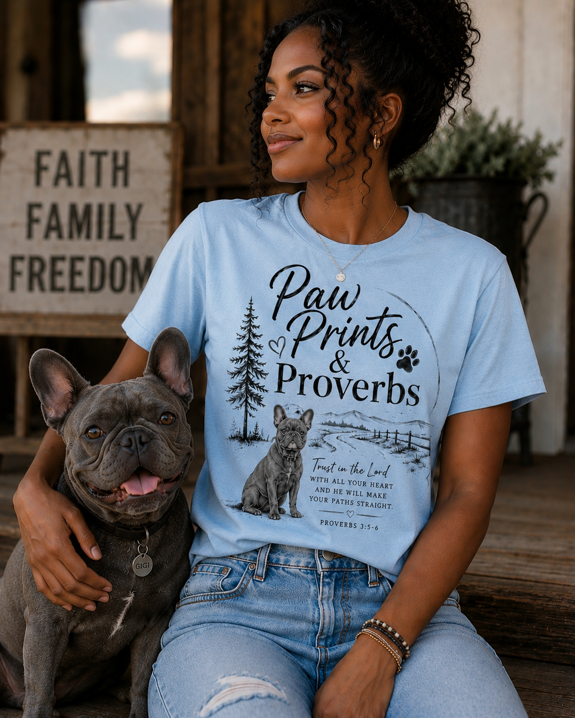 Paw Prints & Proverbs Frenchie Tee – Christian Dog Mom Shirt