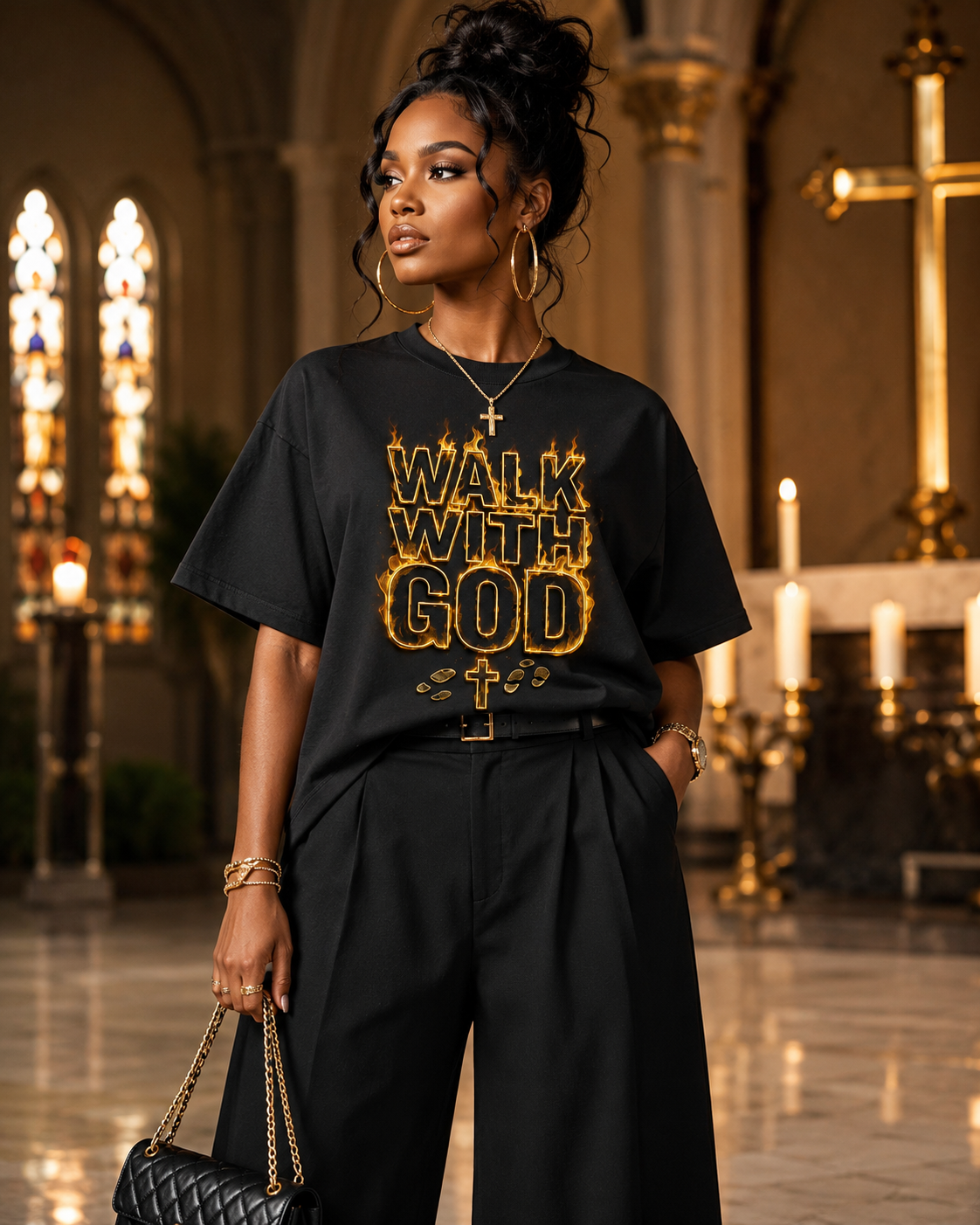 Walk With God Luxury Tee – Faith Flame Graphic Shirt