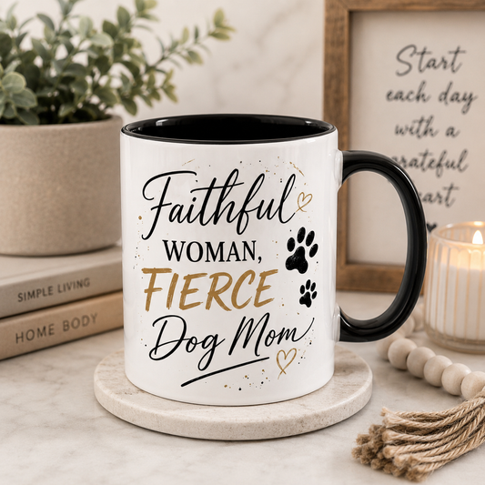Faithful Woman, Fierce Dog Mom Mug – Christian Dog Mom Coffee Cup
