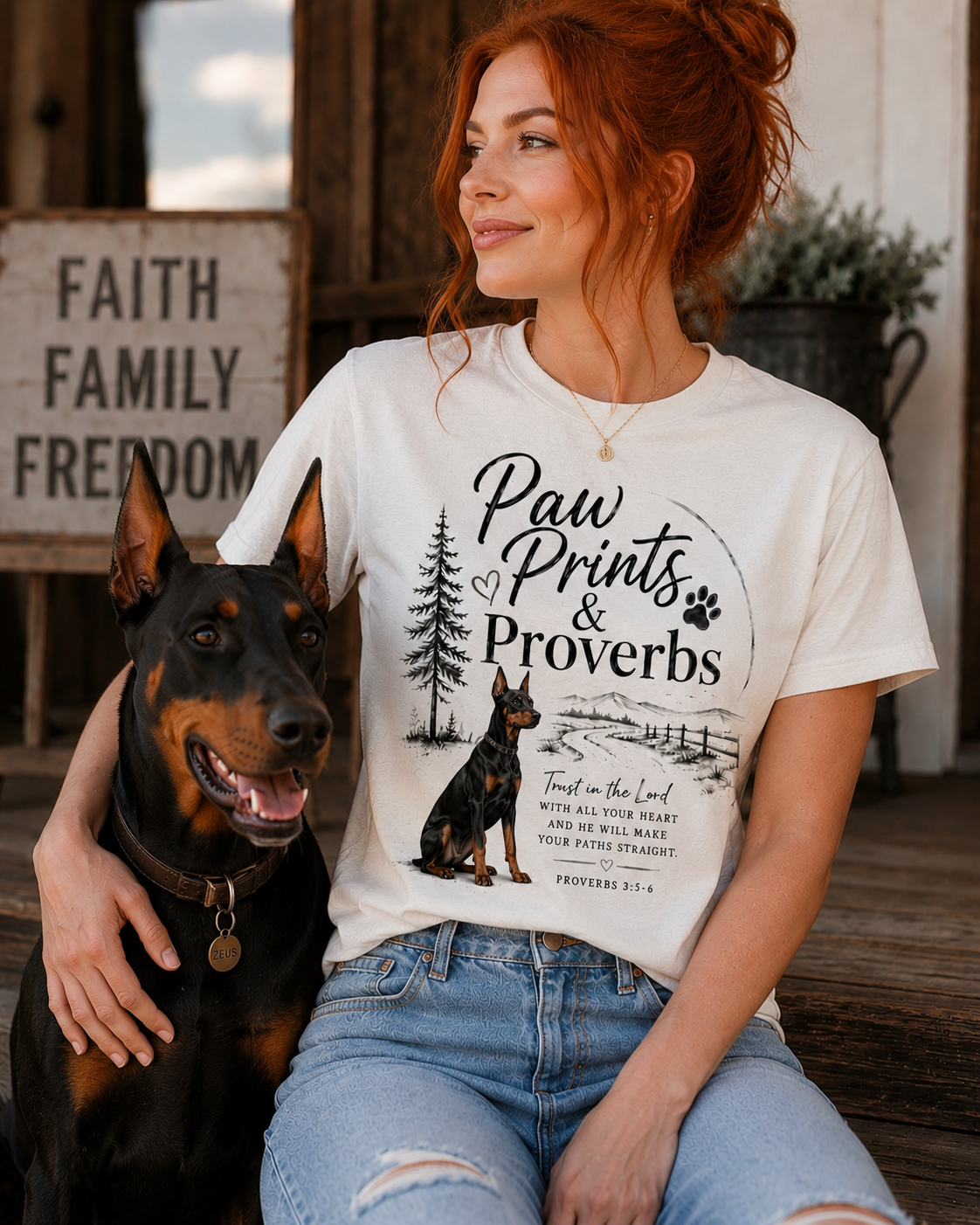 Paw Prints & Proverbs Doberman Pinsher Tee – Christian Dog Mom Shirt