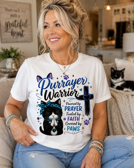 Purrayer Warrior Cat Lover Christian T-Shirt | Faith Fueled Cat Mom Tee