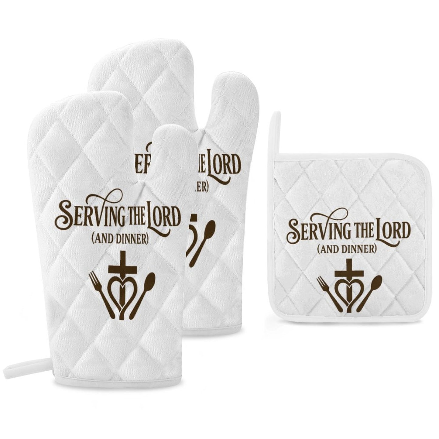 Serving The Lord (Dinner) Kitchen Mitt & Potholder Set 3 Piece