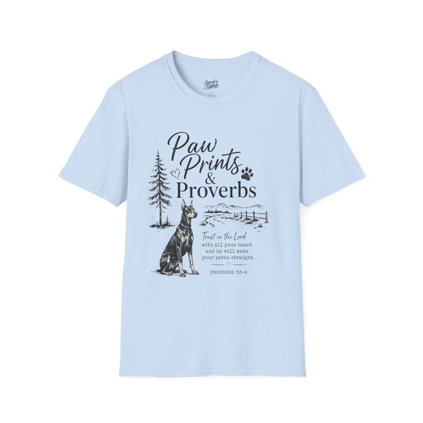 Paw Prints & Proverbs Doberman Pinsher Tee – Christian Dog Mom Shirt