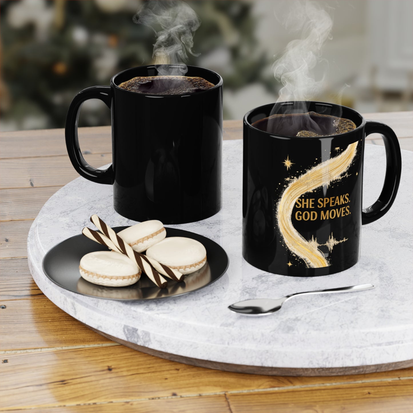 She Speaks God Moves-Black Coffee Mug, 11oz