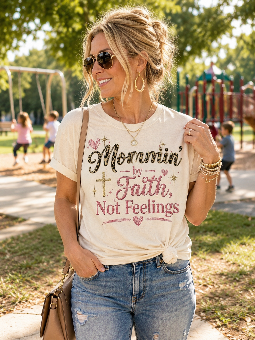 Mommin’ by Faith, Not Feelings Christian Mom Graphic Tee