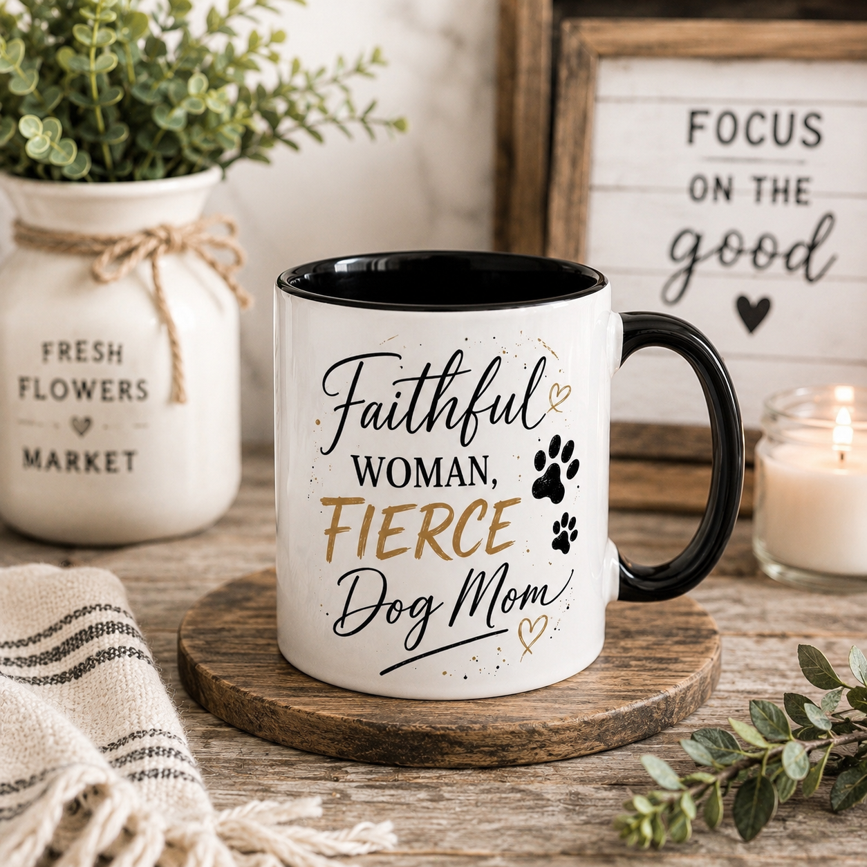 Faithful Woman, Fierce Dog Mom Mug – Christian Dog Mom Coffee Cup