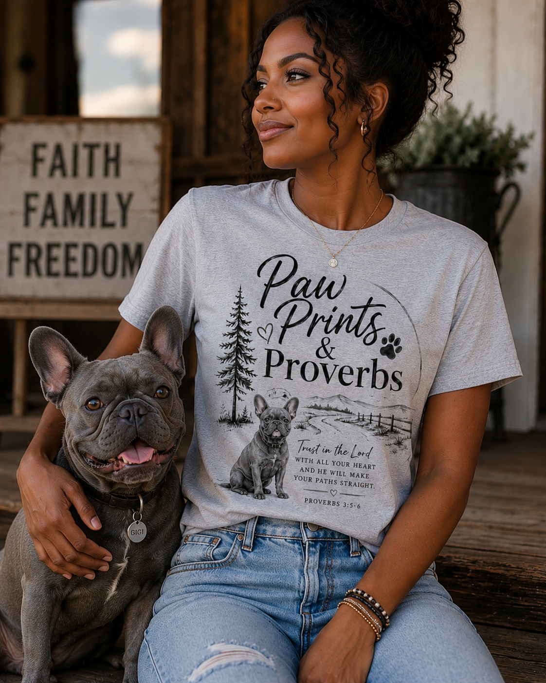Paw Prints & Proverbs Frenchie Tee – Christian Dog Mom Shirt