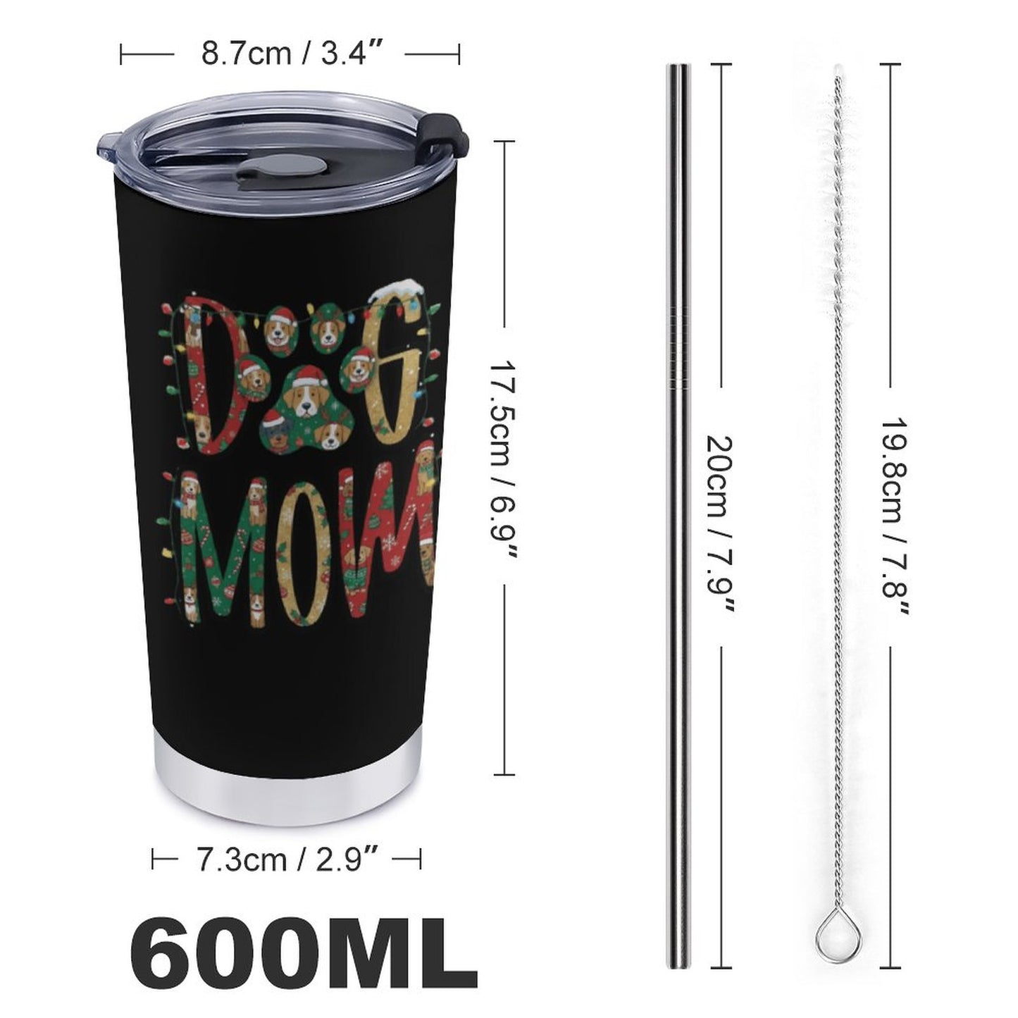 Dog Mom Tumbler-Cute Dog Lover Travel Cup 20oz Stainless Steel, Christmas Pet Mom Gift, Insulated Cup with Straw.