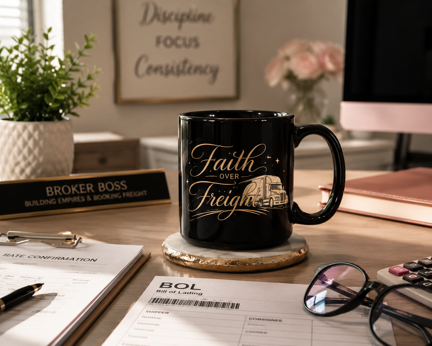 Faith Over Freight Black Ceramic Mug