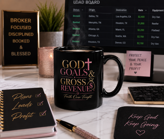 God Goals & Gross Revenue Black Coffee Mug-Faith Over Freight Boss Mug