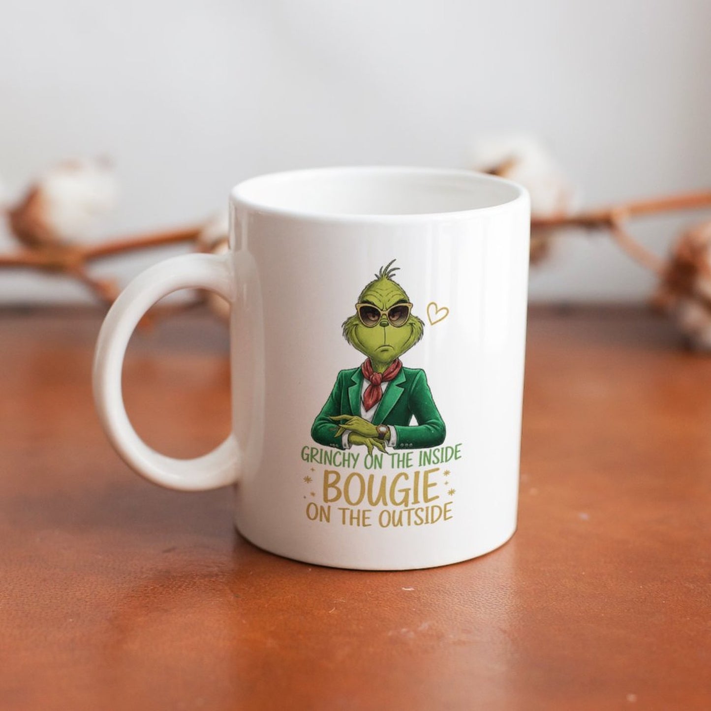 GRINCH BOUGIE ON THE OUTSIDE 11oz White Mug Printing