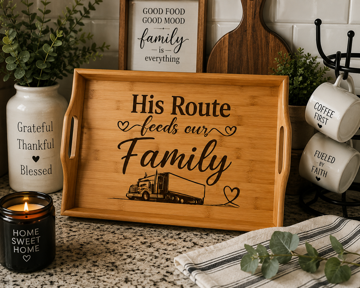 His Route Feeds Our Family Engraved Bamboo Serving Tray