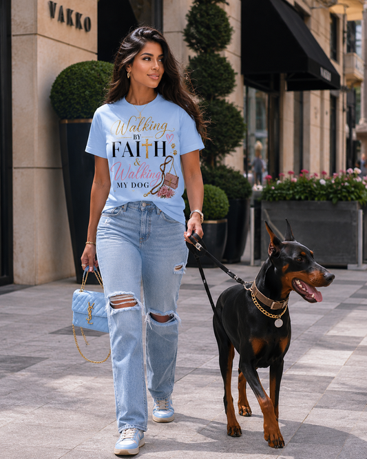 Walking by Faith & Walking My Dog Tee – Country Girl Christian Dog Mom Shirt