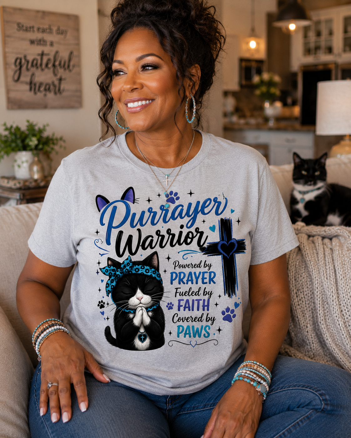 Purrayer Warrior Cat Lover Christian T-Shirt | Faith Fueled Cat Mom Tee