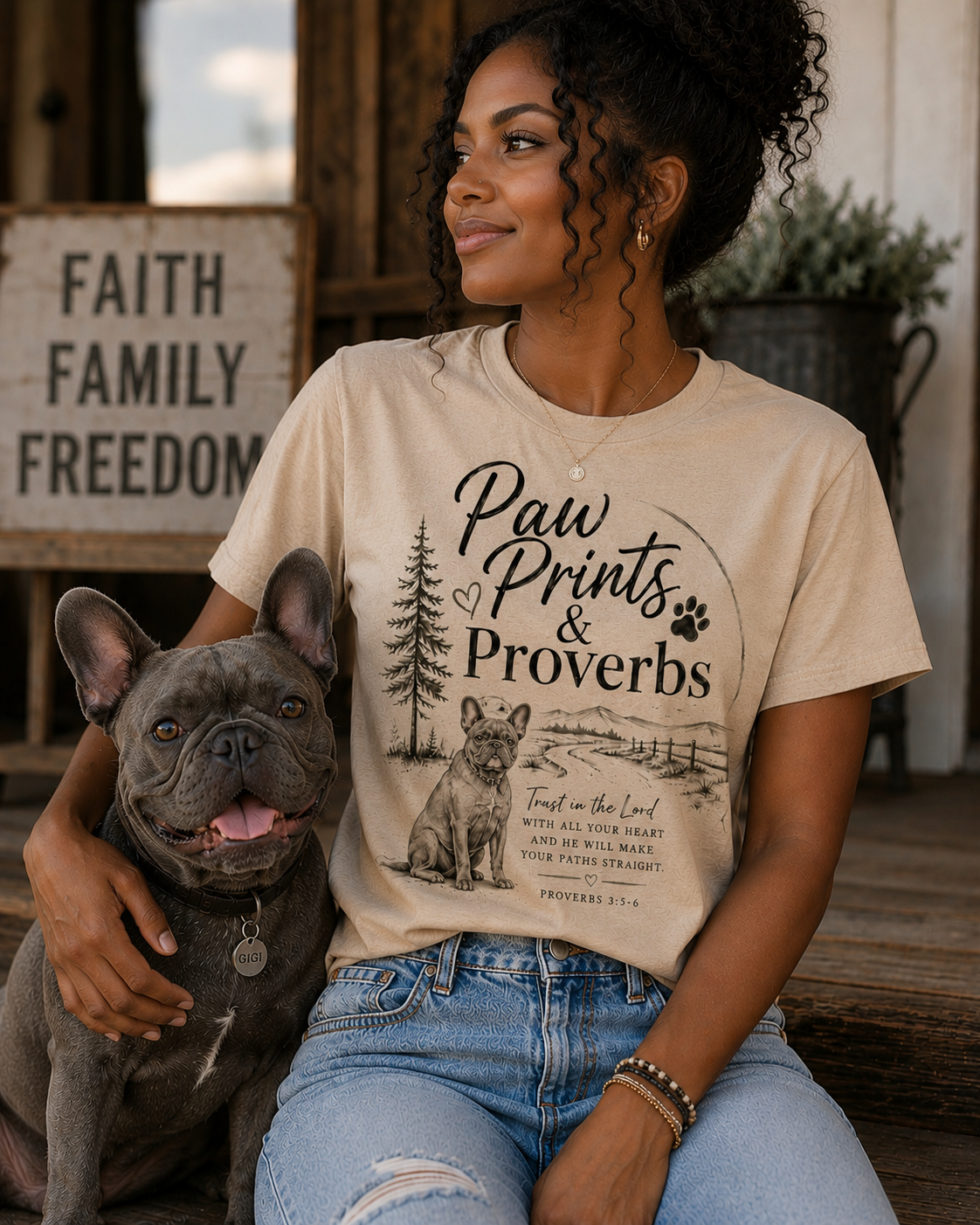 Paw Prints & Proverbs Frenchie Tee – Christian Dog Mom Shirt