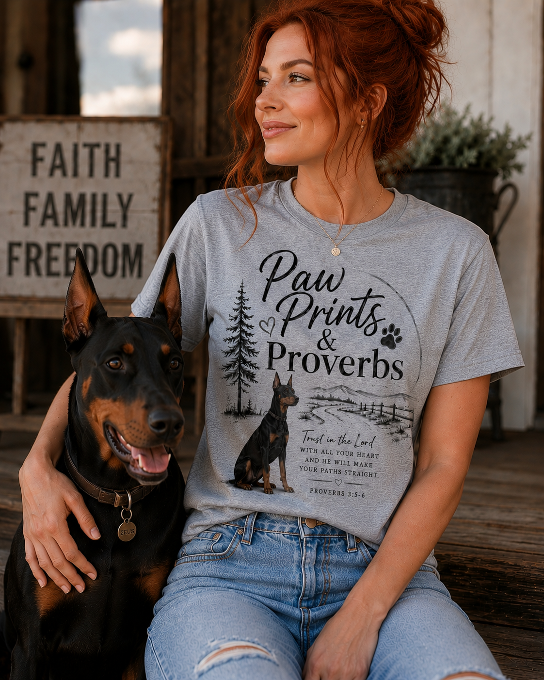 Paw Prints & Proverbs Doberman Pinsher Tee – Christian Dog Mom Shirt