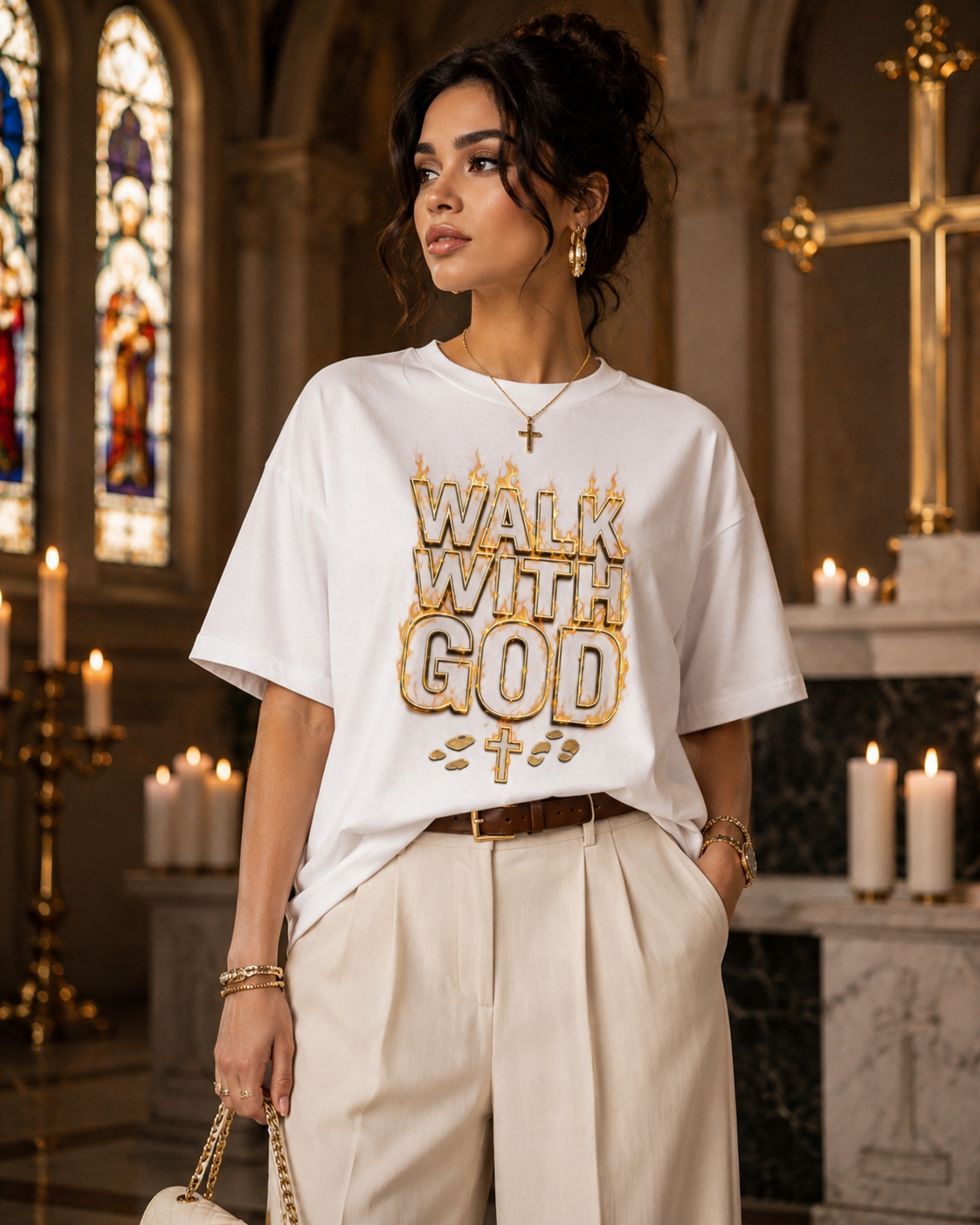 Walk With God Luxury Tee – Faith Flame Graphic Shirt