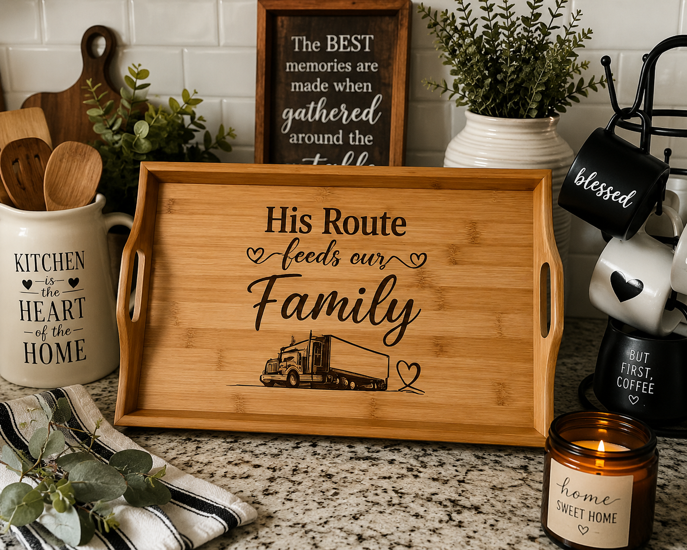 His Route Feeds Our Family Engraved Bamboo Serving Tray