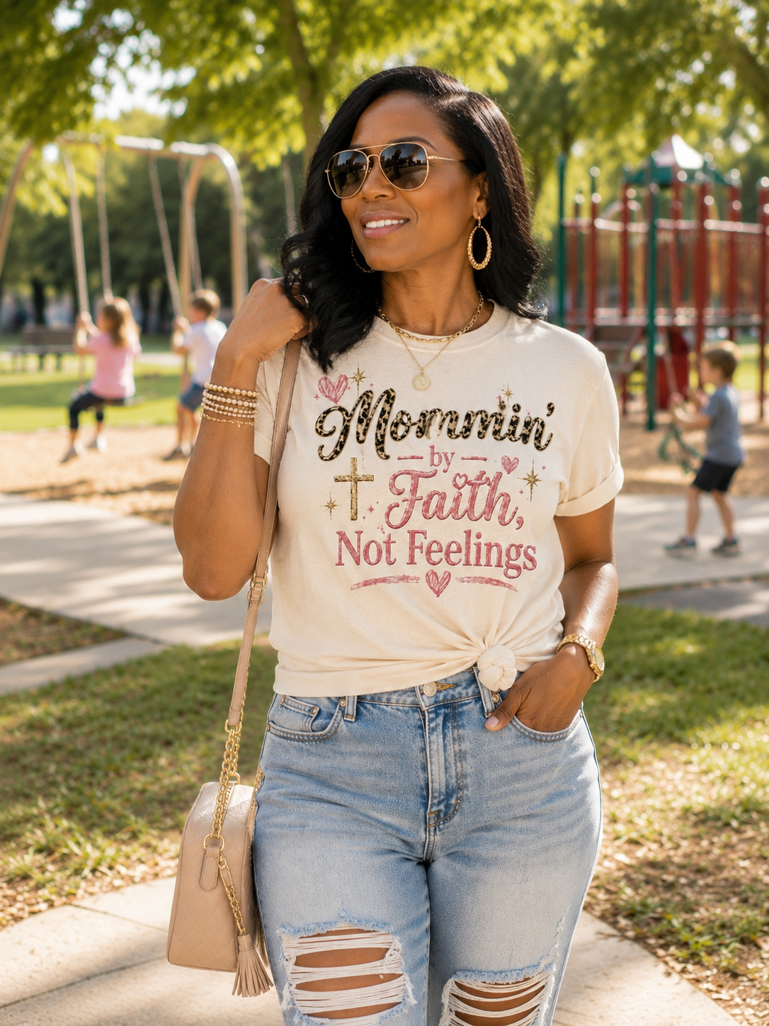 Mommin’ by Faith, Not Feelings Christian Mom Graphic Tee