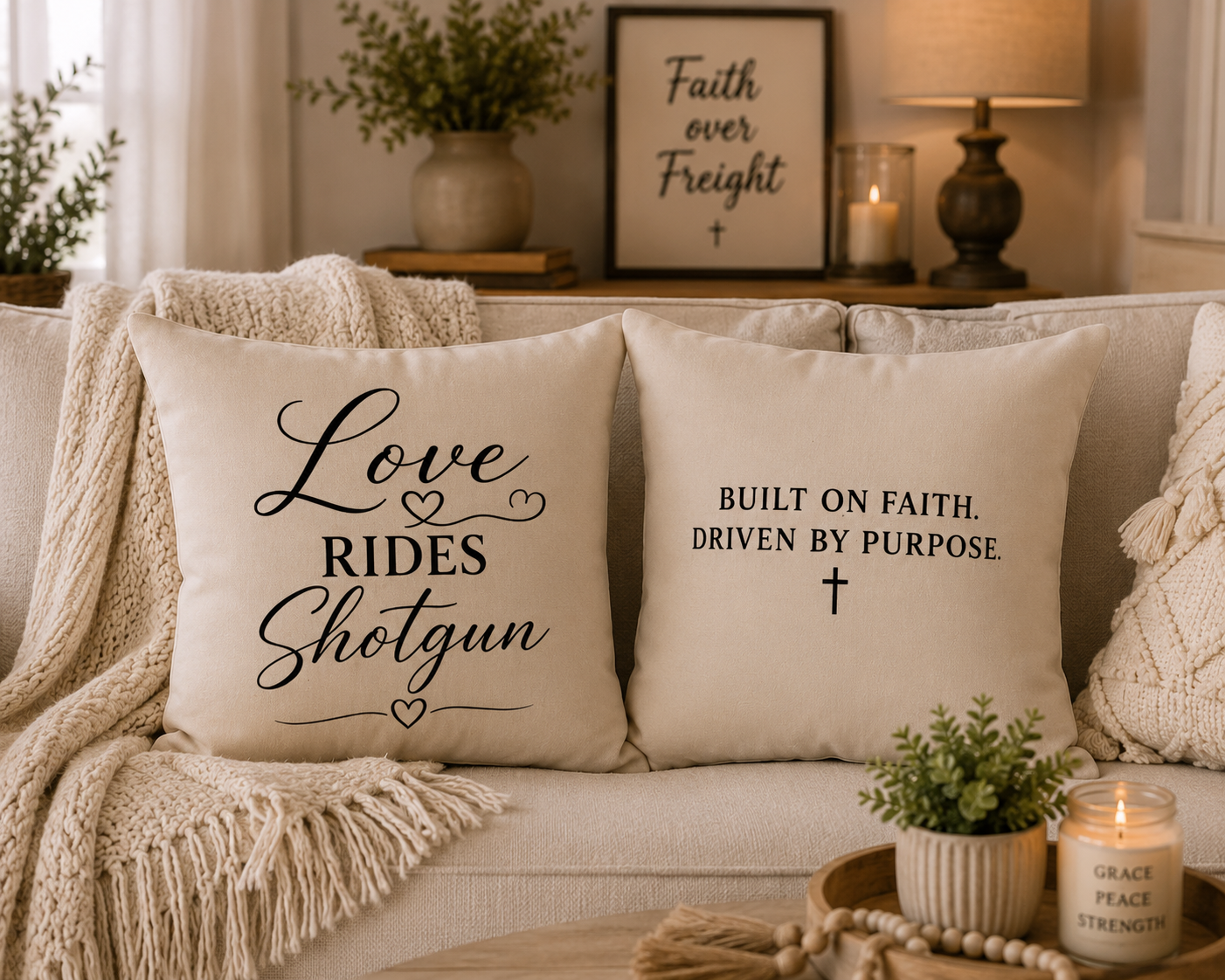 Love Rides Shotgun Faith Pillow Cover