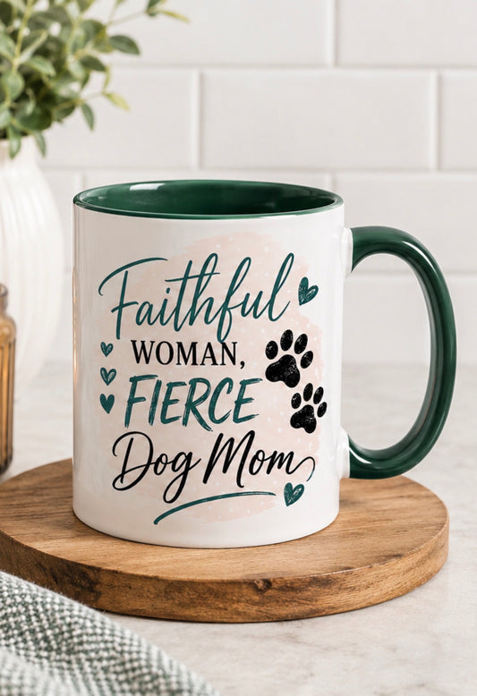 Faithful Woman, Fierce Dog Mom Mug – Christian Dog Mom Coffee Cup