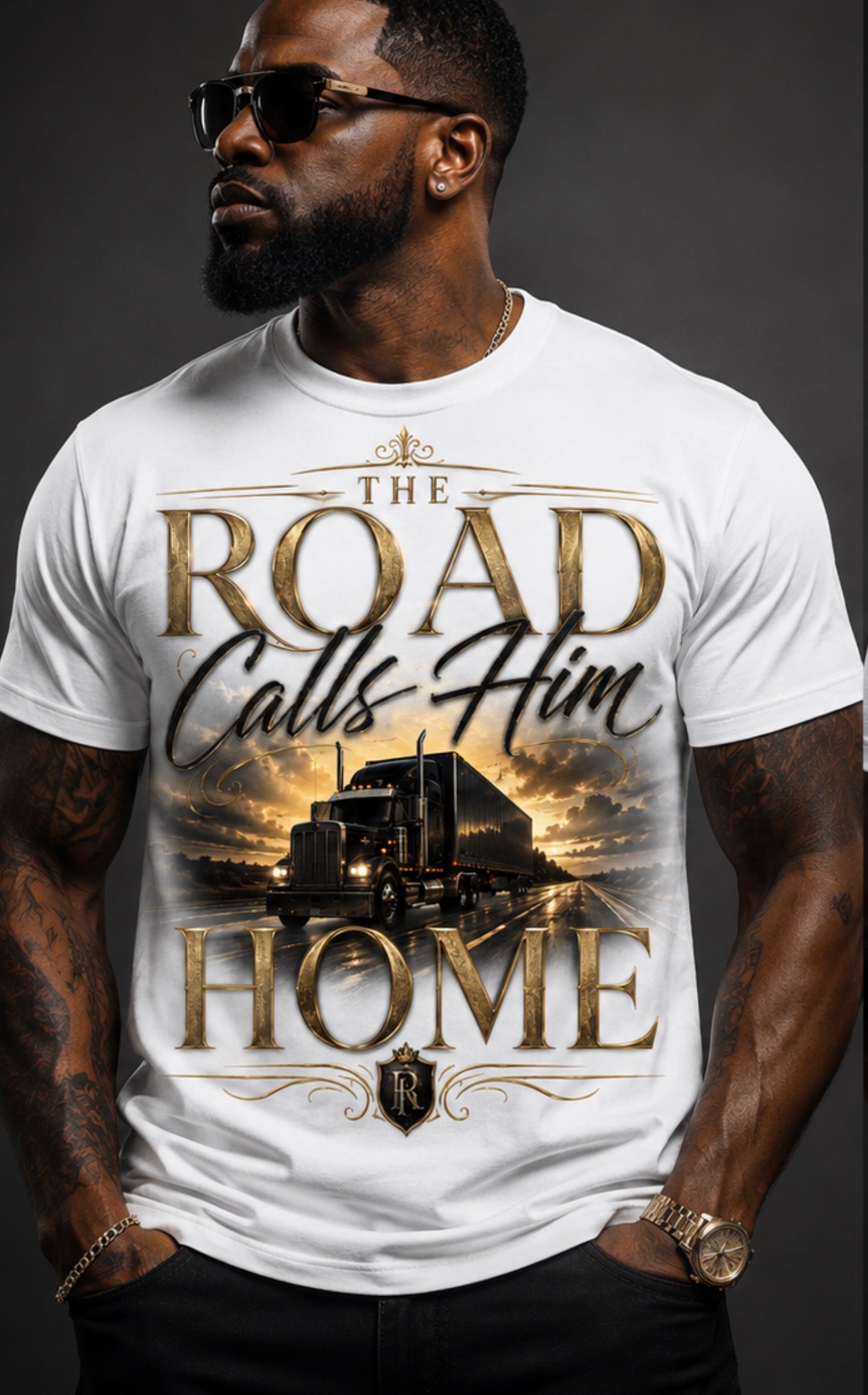 The Road Calls Him Home Luxury Trucker Tee