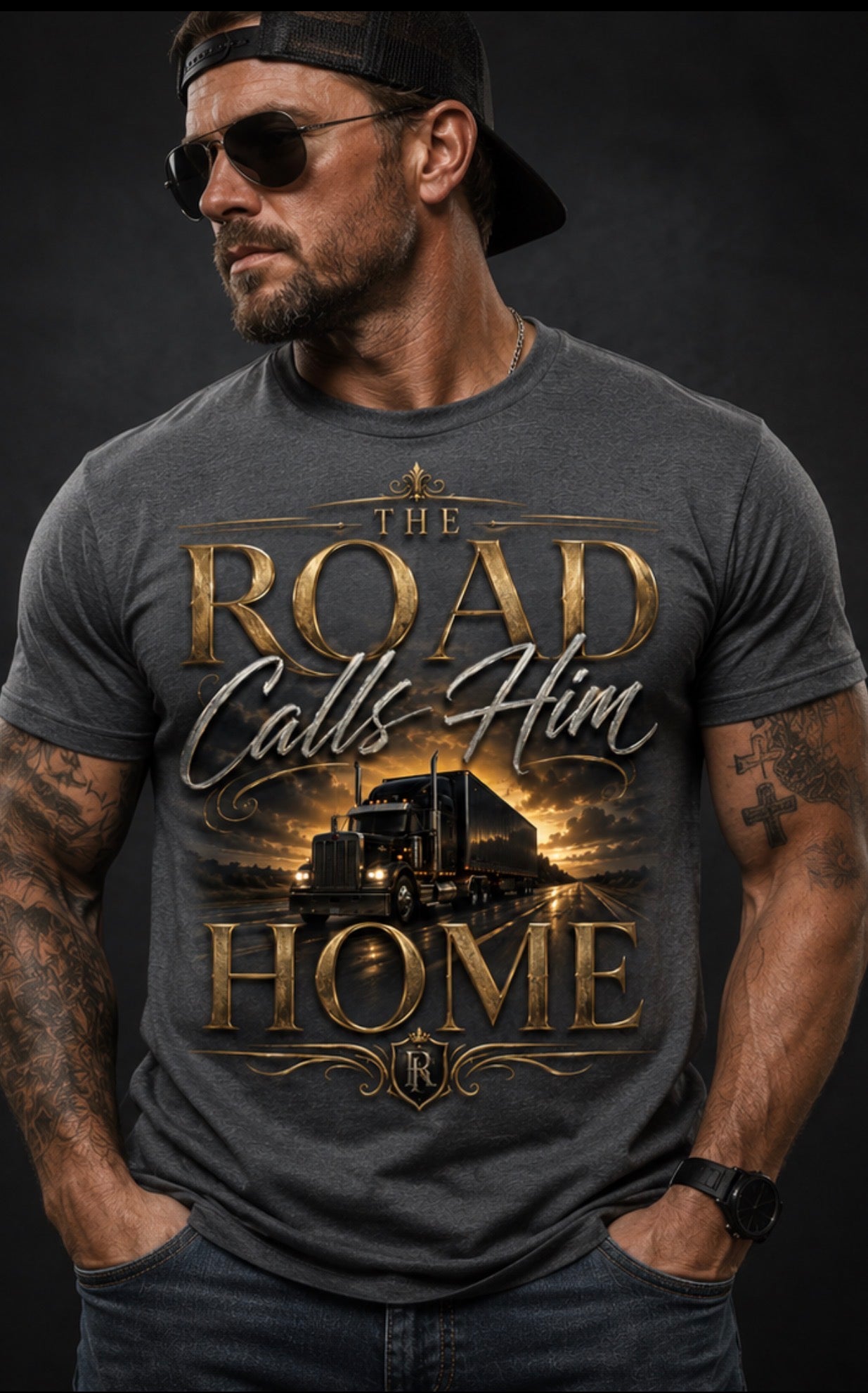 The Road Calls Him Home Luxury Trucker Tee